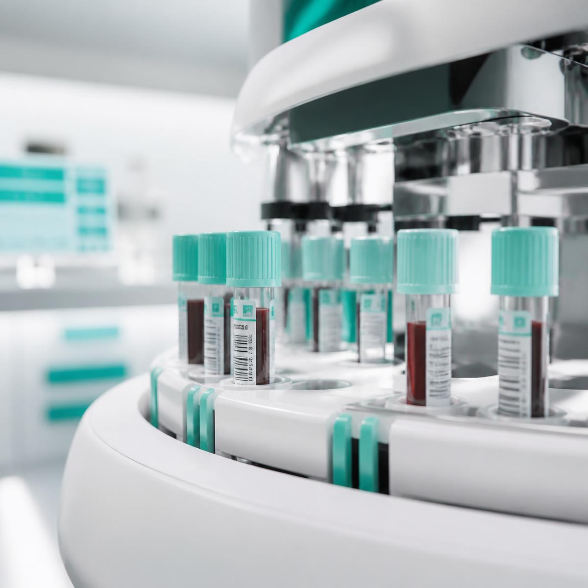 Barcoded blood sample vials in an automated laboratory tray